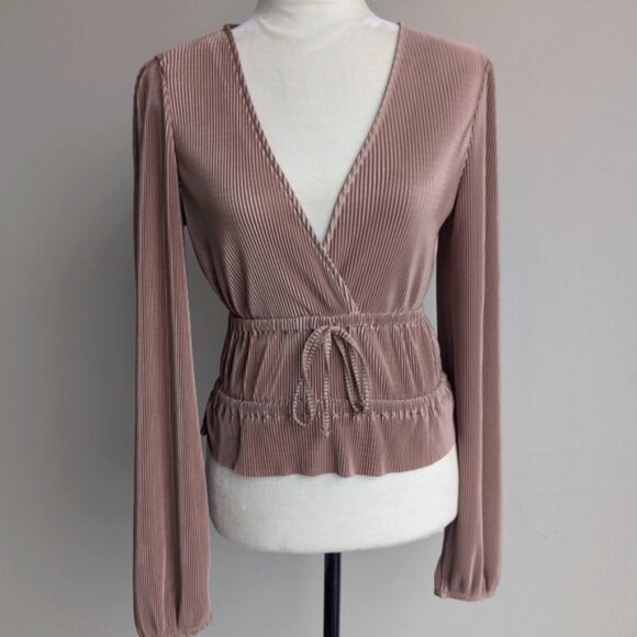 Zara Pleated Plisse Long Sleeve Blouse Dusty Taupe - Picture 1 of 5